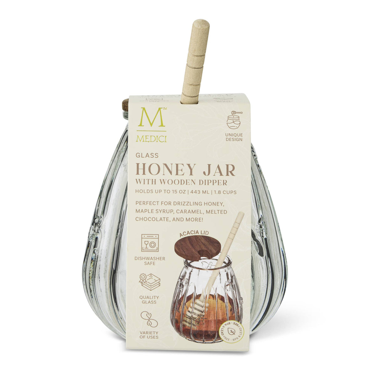 15oz Embossed Bee Glass Honey Jar w Acacia Lid & Wood Dipper